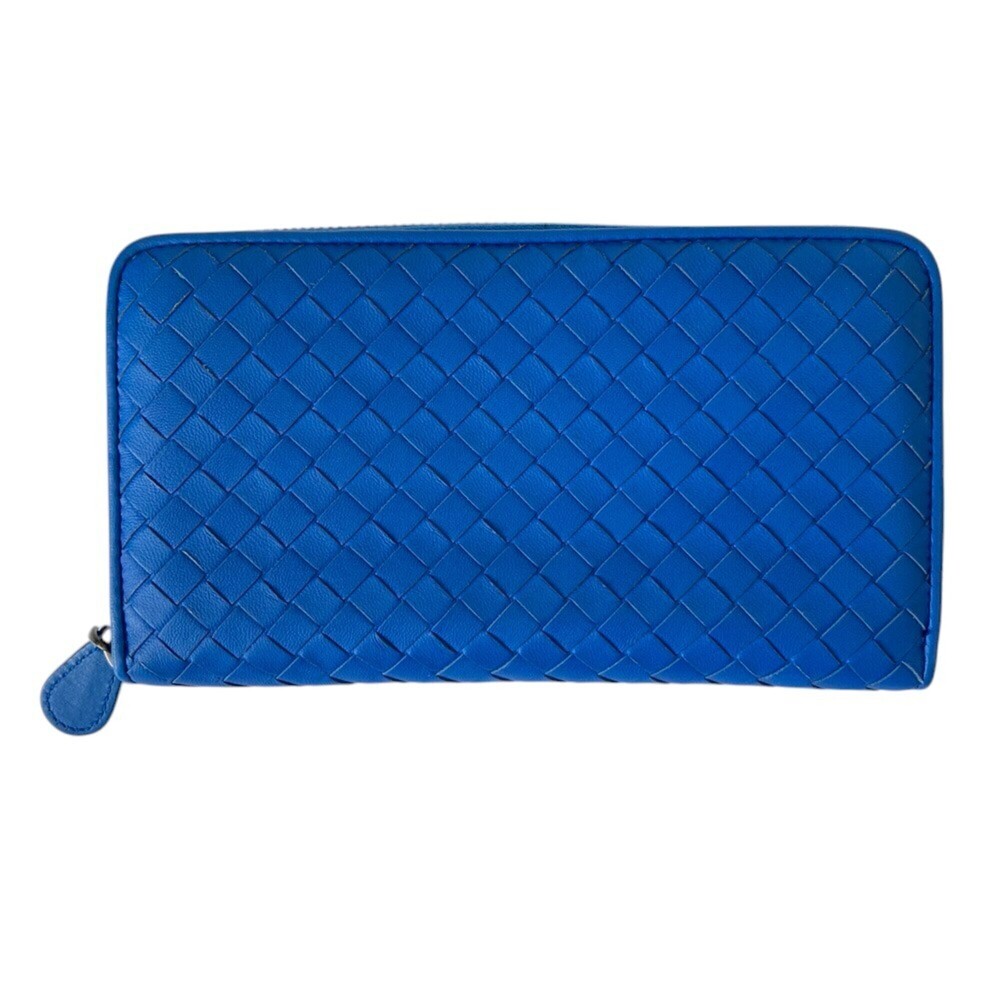 Bottega Veneta Intrecciato Leather Round Zip Long Wallet, Blue, Men's & Women's